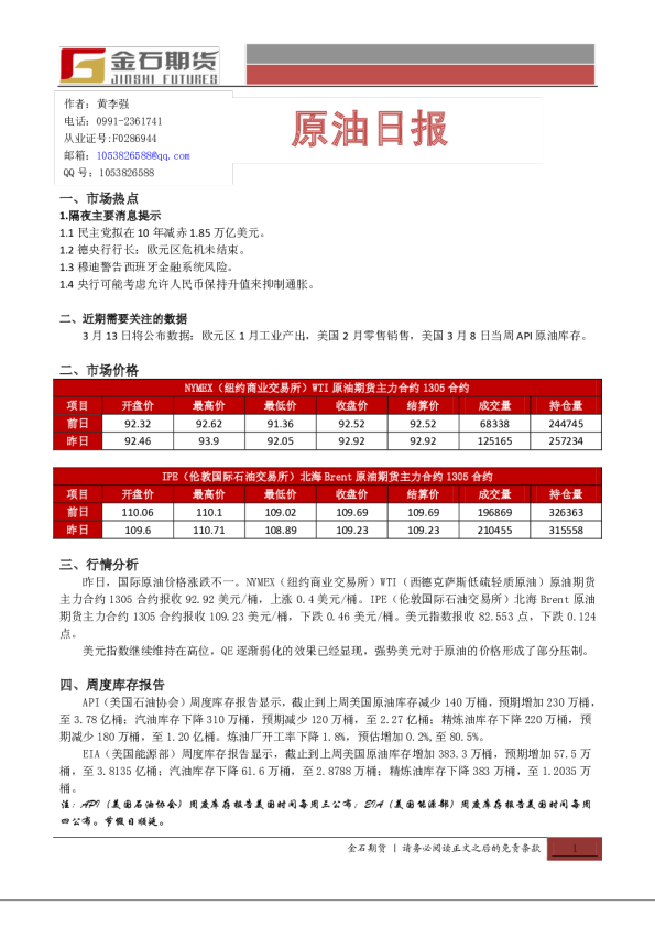 金石期货原油日报