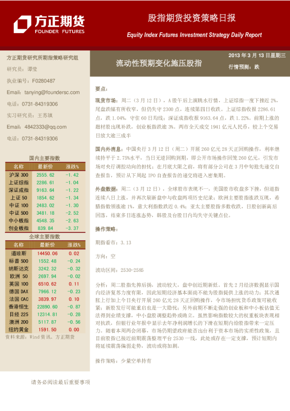 股指期货日报：流动性预期变化施压股指