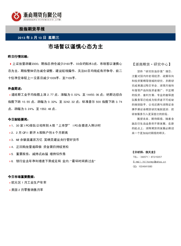 股指期货早报：市场暂以谨慎心态为主