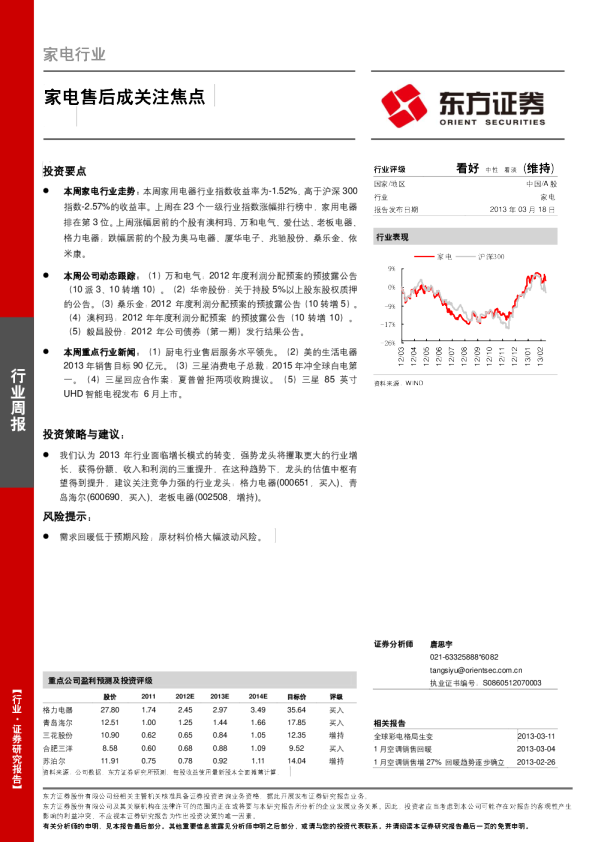家电行业：家电售后成关注焦点