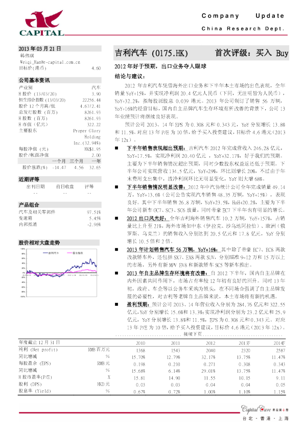 吉利汽车：2012年好于预期,出口业务夺人眼球