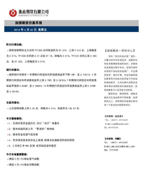 浙商期货国债期货仿真早报