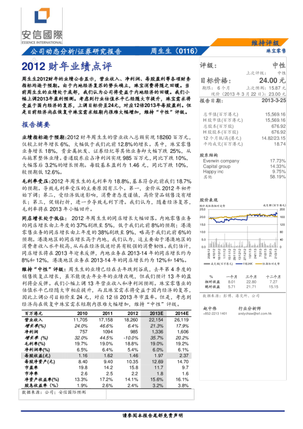 周生生：2012财年业绩点评