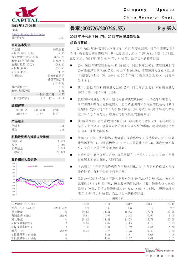 2012年净利润下降17%,2013年回暖迹象明显