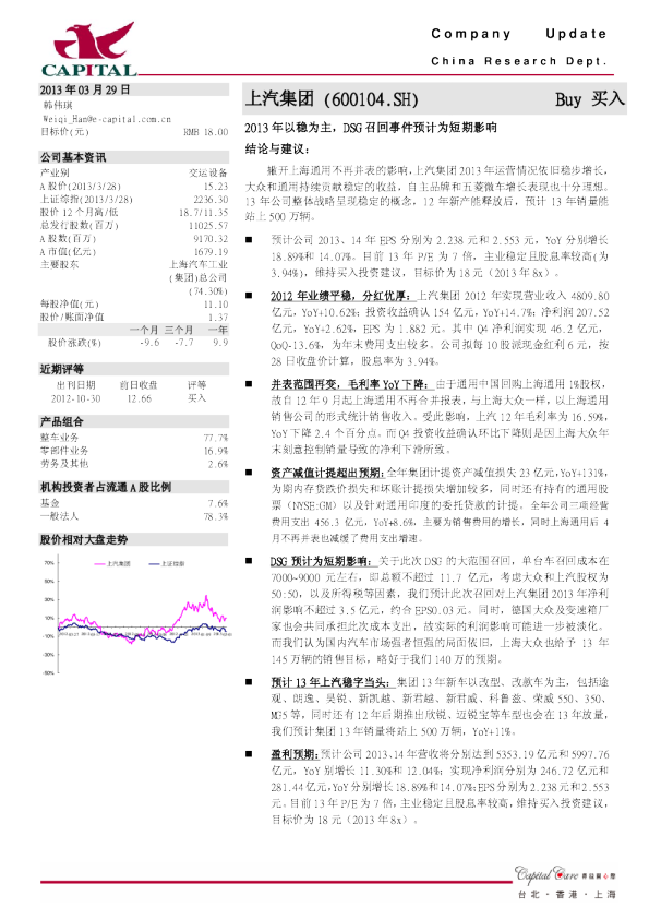 2013年以稳为主,DSG召回事件预计为短期影响