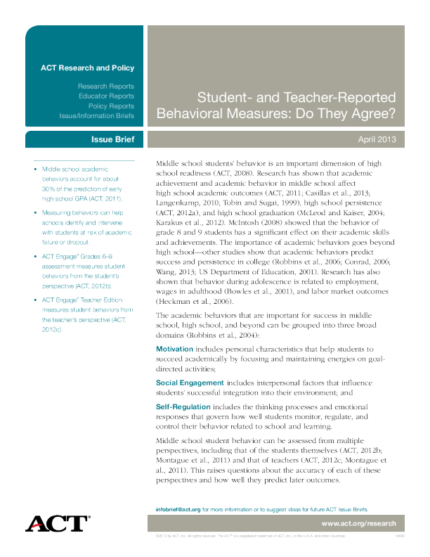 Student- and Teacher-Reported Behavioral Measures: Do they Agree?