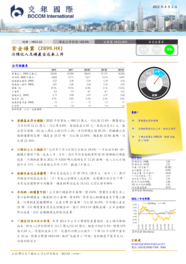 冶炼收入及矿产金成本上升