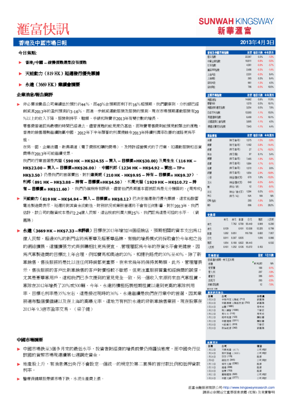 汇富快讯-香港及中国市场日报