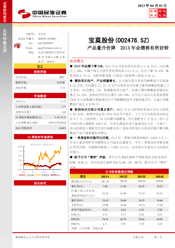 产品量升价降，2013年业绩将有所好转