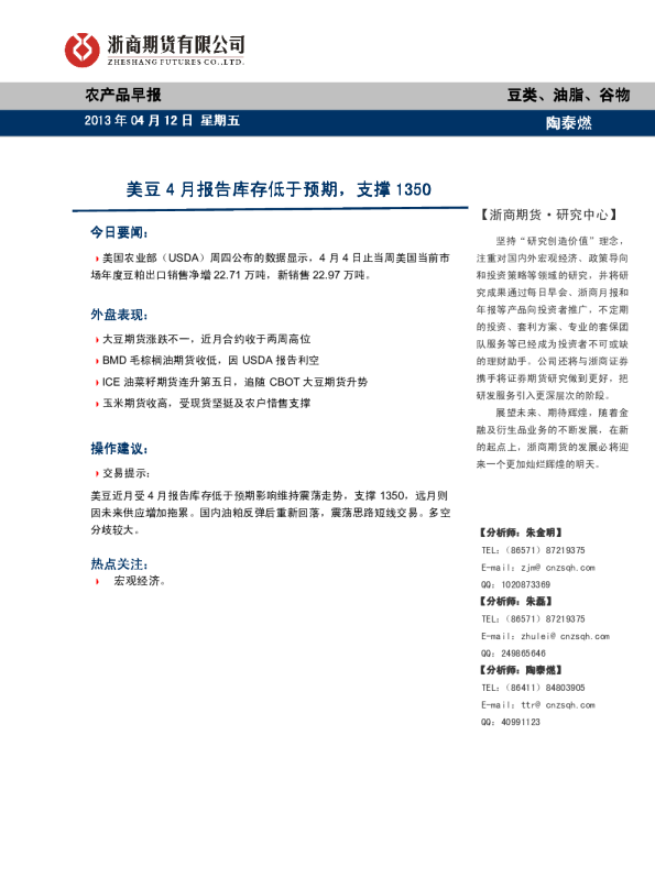 农产品早报：美豆4月报告库存低于预期,支撑1350