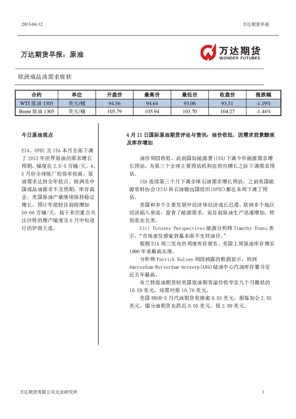 原油早报：欧洲成品油需求疲软