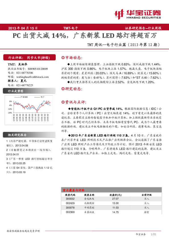 电子行业：PC出货大减14%,广东新装LED路灯超百万
