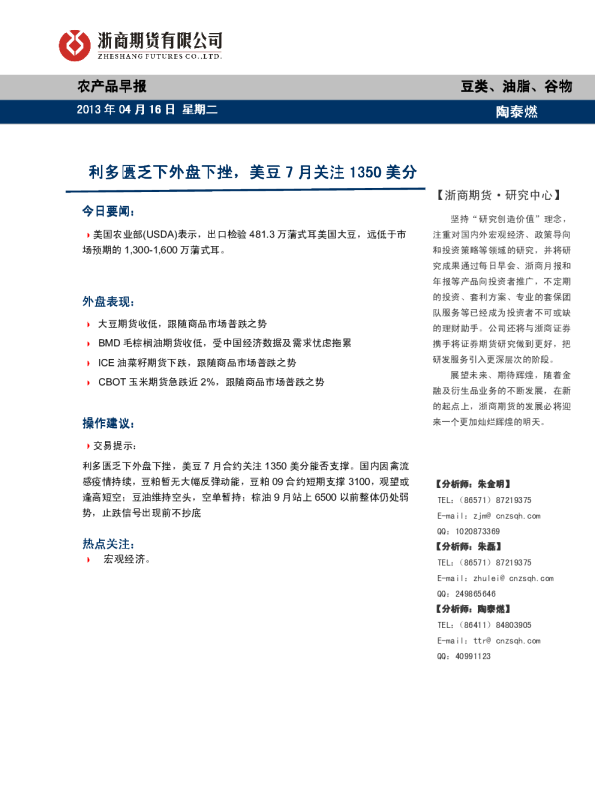 农产品早报：利多匮乏下外盘下挫,美豆7月关注1350美分