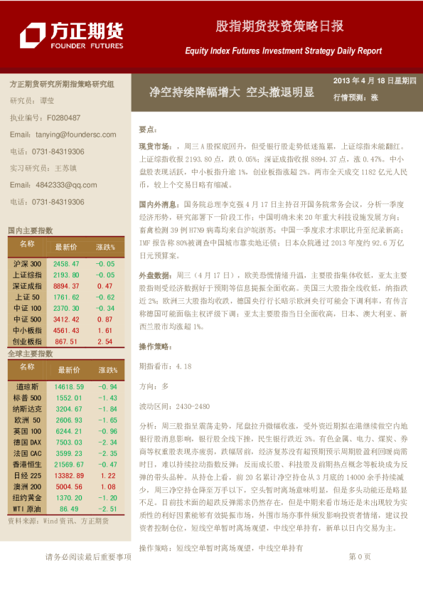 股指期货日报：净空持续降幅增大,空头撤退明显
