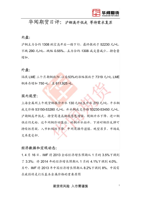 日评：沪铜高开低走,等待需求复苏