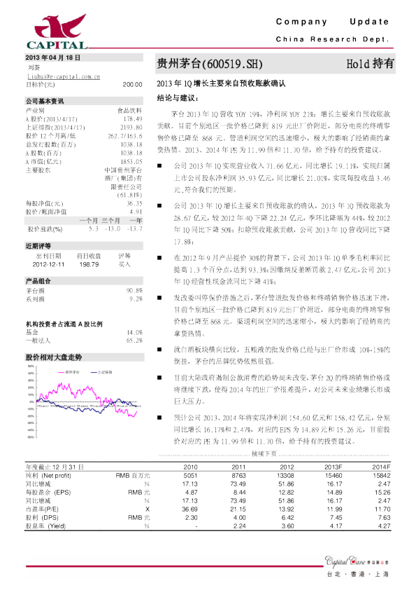2013年1Q增长主要来自预收账款确认