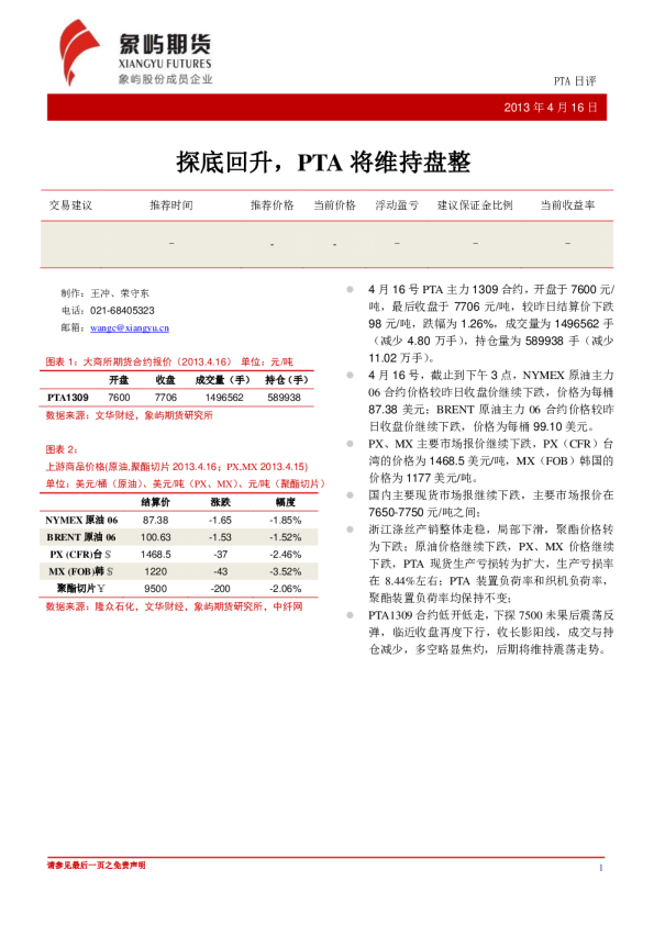 象屿期货日评：探底回升,PTA将维持盘整