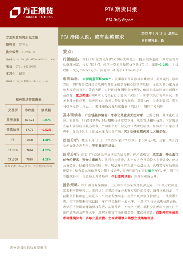 PTA期货日报：PTA持续大跌,或有盘整需求
