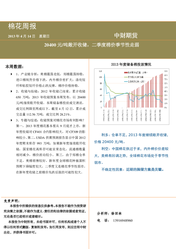 棉花周报：20400元/吨敞开收储,二季度棉价季节性走弱