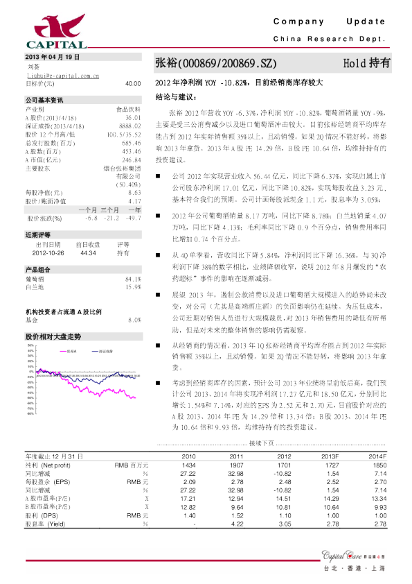 2012年净利润YOY-10.82%,目前经销商库存较大