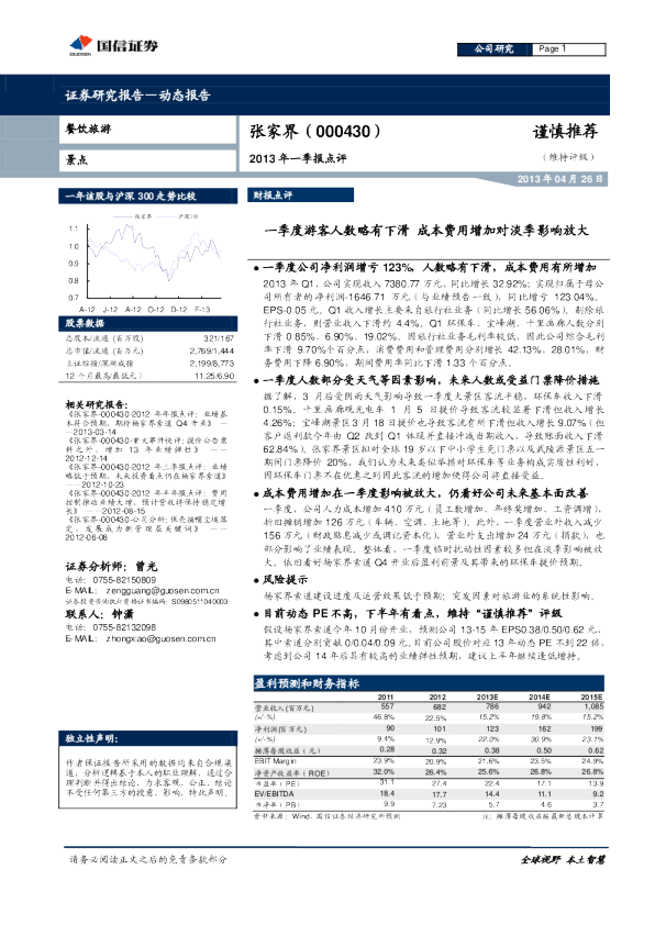 2013年一季报点评：一季度游客人数略有下滑，成本费用增加对淡季影响放大