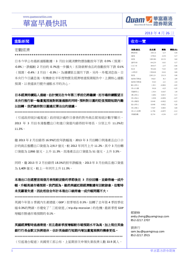 华富港股(4月26日)快讯