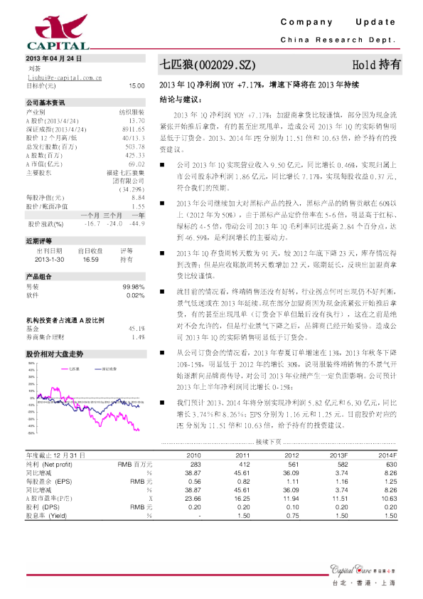 2013年1Q净利润YOY+7.17%,增速下降将在2013年持续