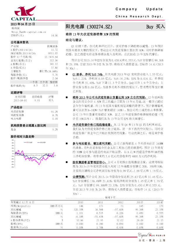 维持13年光伏逆变器销售3GW的预期