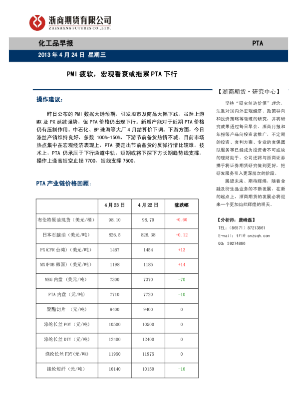 化工品早报：PMI疲软,宏观看衰或拖累PTA下行