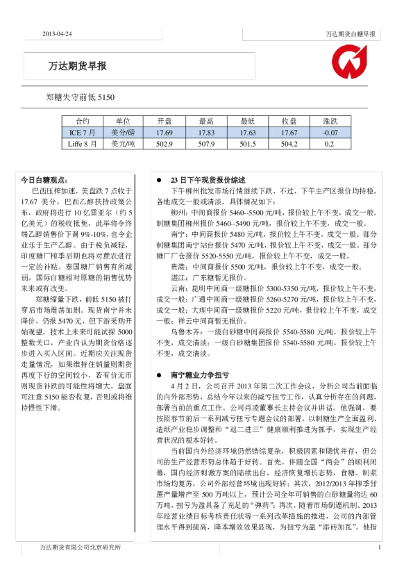 白糖早报：郑糖失守前低5150