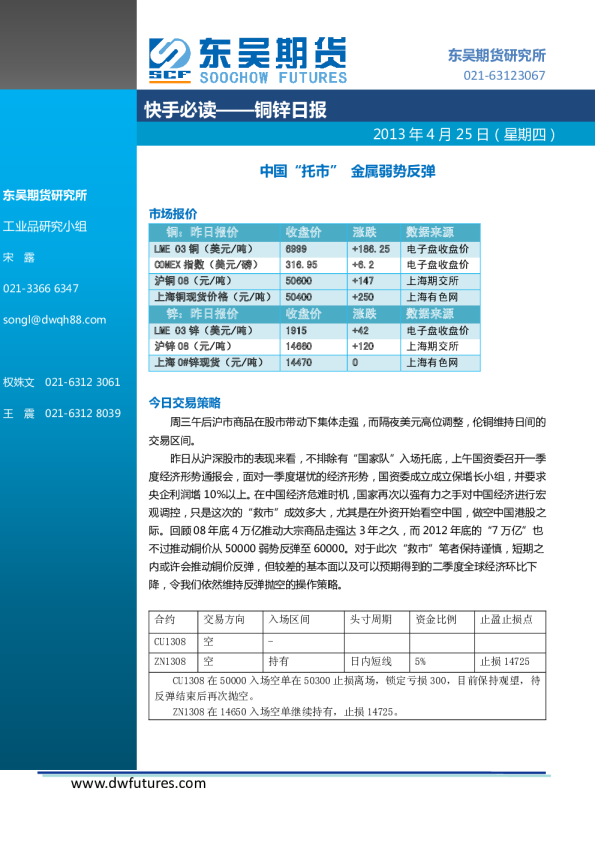 铜锌日报：中国"托市"金属弱势反弹