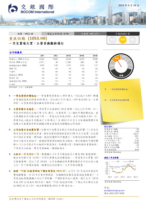 重庆钢铁：一季度业绩失望，主营业务艰难运行