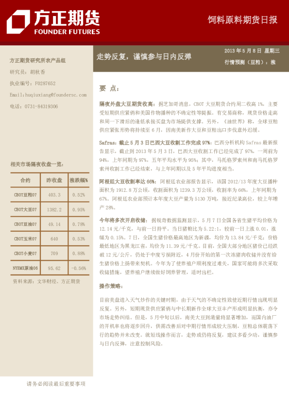 饲料原料期货日报：走势反复,谨慎参与日内反弹