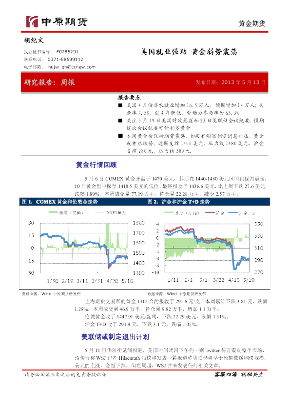黄金期货周报：美国就业强劲,黄金弱势震荡