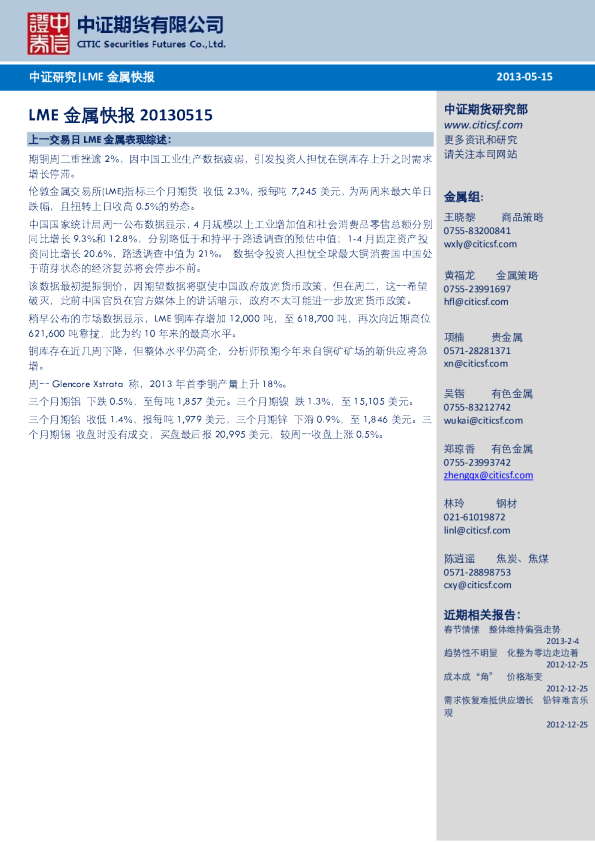 中证期货LME金属快报