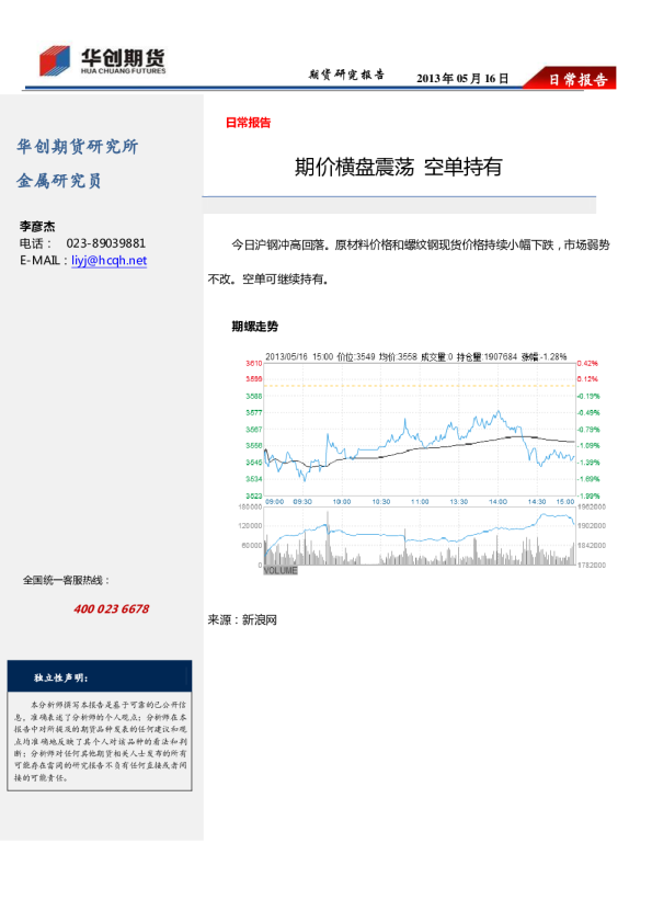 日常报告：期价横盘震荡,空单持有