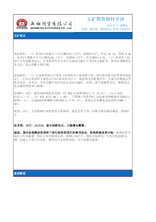 五矿期货钢材早评
