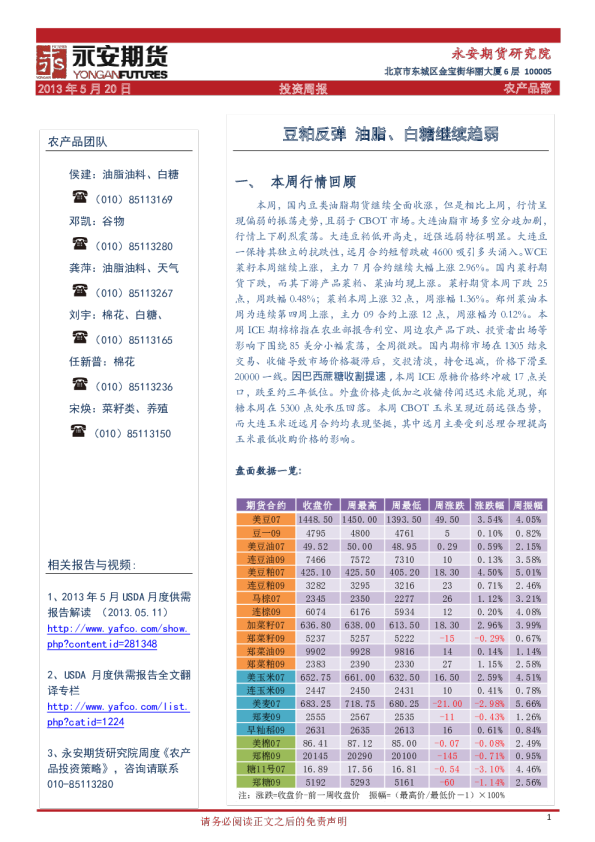 投资周报：豆粕反弹,油脂、白糖继续趋弱