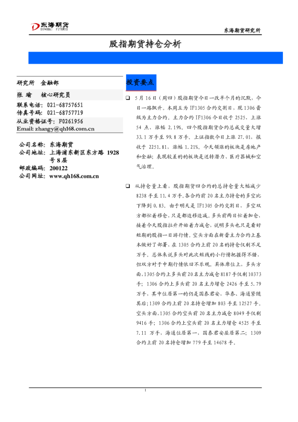 东海期货股指期货持仓分析