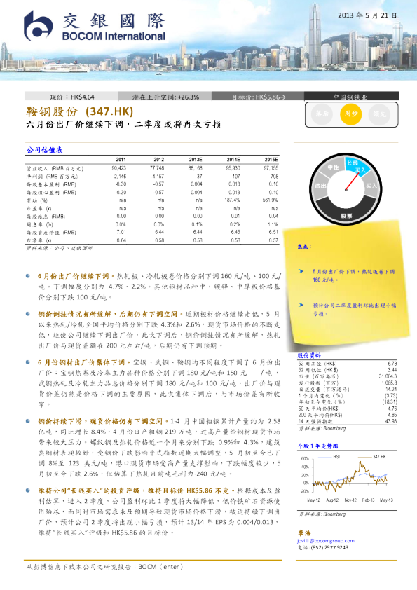 (347.HK)：六月份出厂价继续下调,二季度或将再次亏损