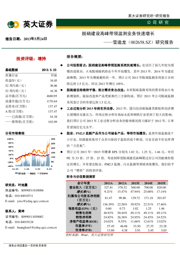 研究报告：脱硝建设高峰带领监测业务快速增长