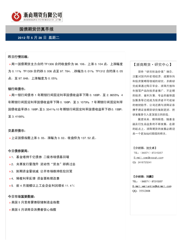 浙商期货国债期货仿真早报