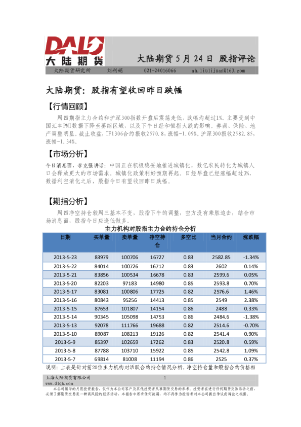 大陆期货：股指有望收回昨日跌幅