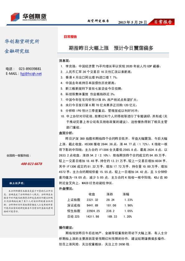 股指日报：期指昨日大幅上涨,预计今日震荡偏多