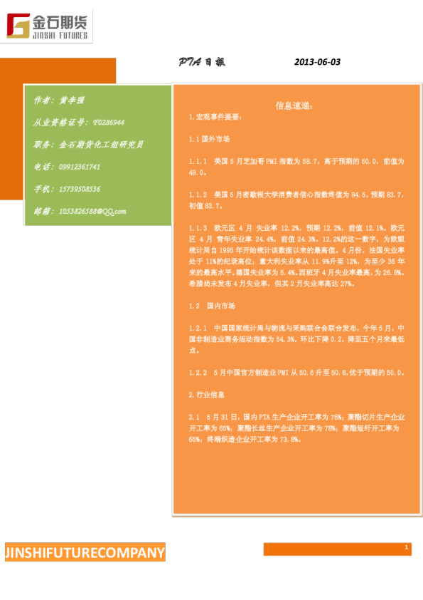 金石期货PTA日报