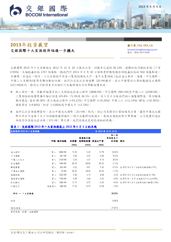 2013年投资展望：交银国际十大首推股升幅进一步扩大
