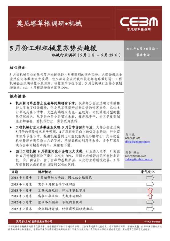 机械行业调研：5月份工程机械复苏势头趋缓
