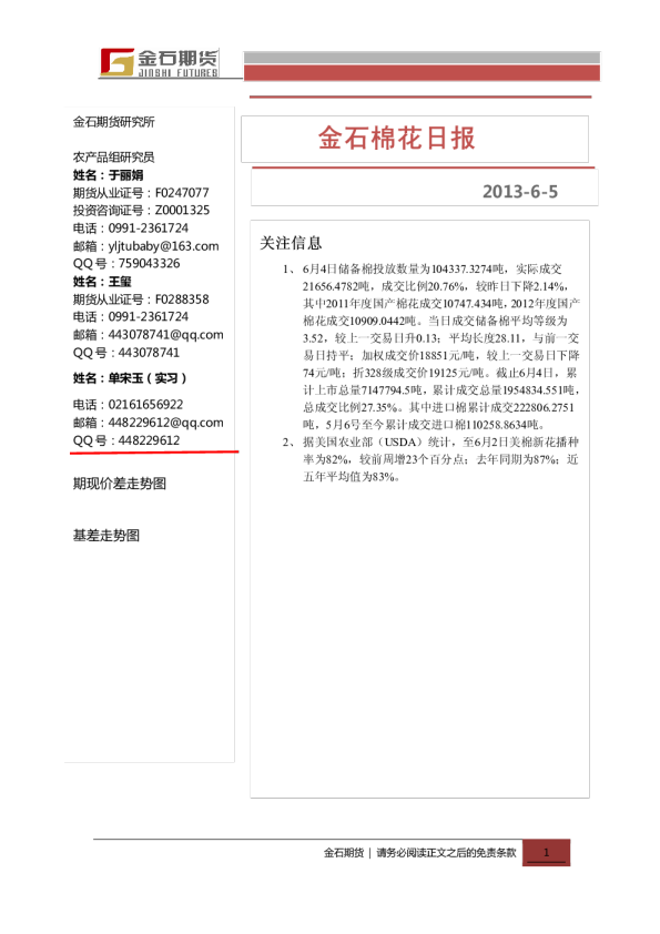 金石期货棉花日报