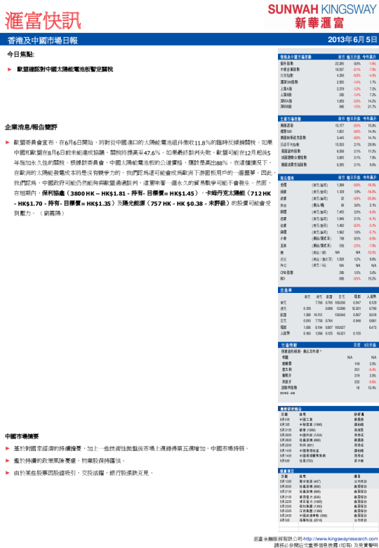汇富证券快讯