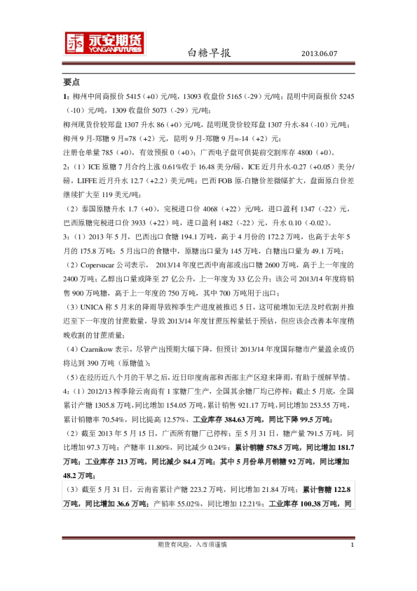 永安期货白糖早报